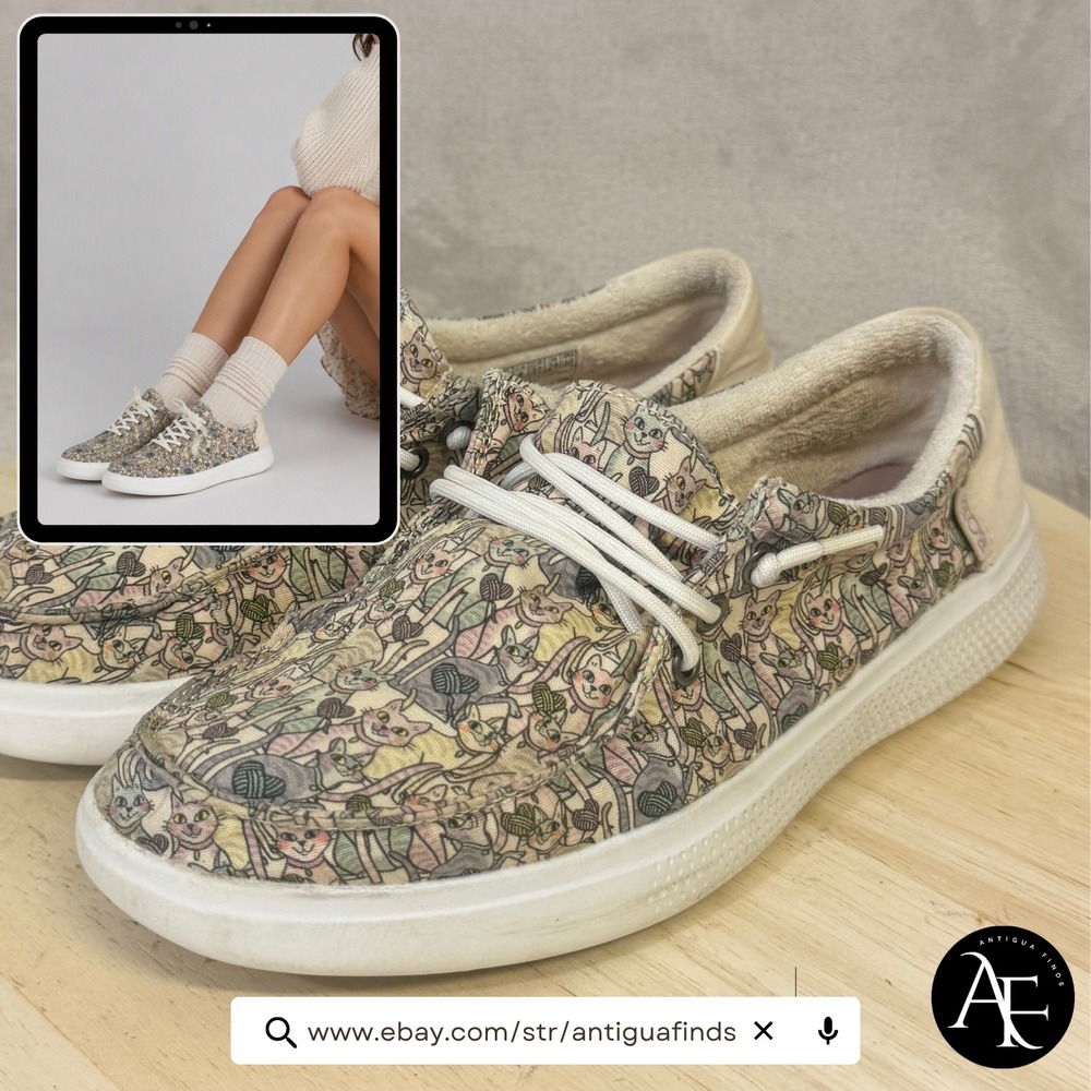 Skechers BOBS Beach Bingo Cat Print Sneakers Women 7 Cream Multi 114175